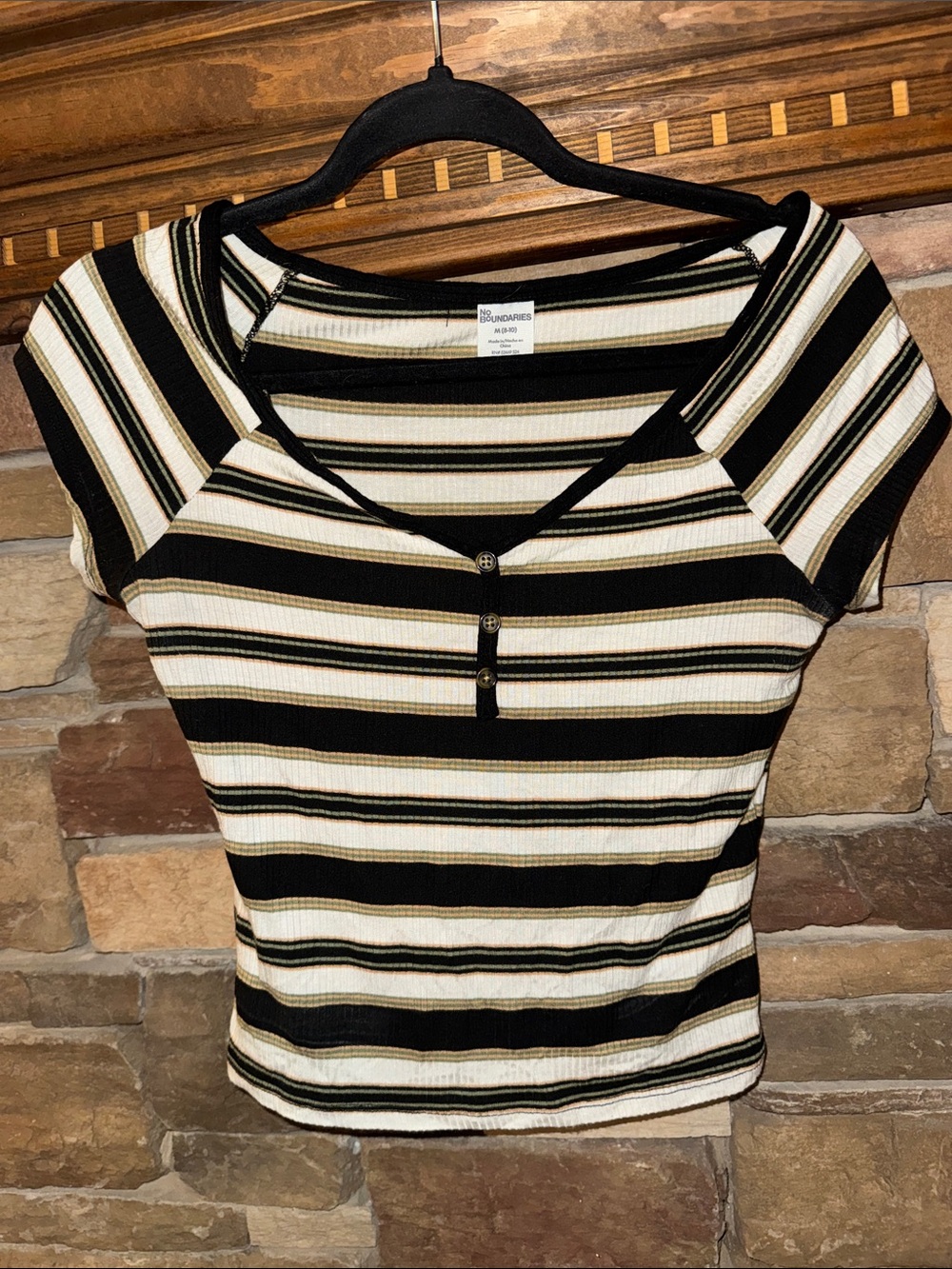 No Boundaries Black, Cream & Tan Striped Ribbed Henley Top